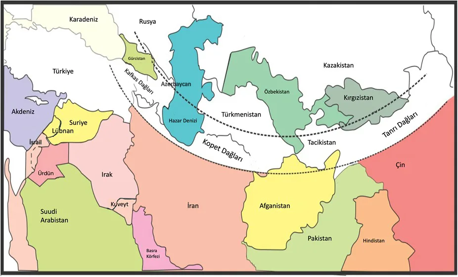 Şekil 2. Sarımsağın kökeni olan Orta Asya (Noktalı çizgilerin arasında kalan alan) (Dhall vd., 2023)
